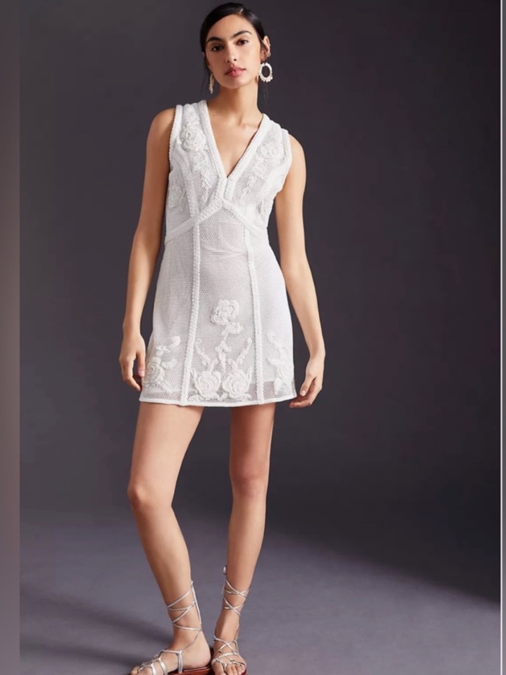 Anthropologie Pallavi Mohan Beaded Embroidered Rosette White Lace Mini Dress NWT